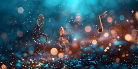 Musical symbols overlay blurred lights creating harmony and creativity in abstract art. Concept Abstract Art, Musical Symbols, Blurred Lights, Harmony, Creativity