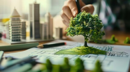 Person sketching a sustainable green city concept with eco friendly buildings and a tree on paper, representing urban planning and environmental conservation