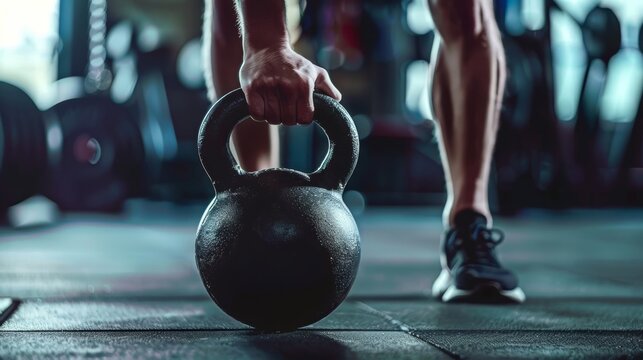 Closeup of athletic man holding black iron kettlebell in a crossfit training on fitness center or in a gym