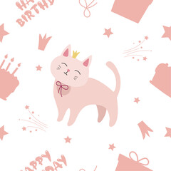 seamless pattern with cat, cake, stars, text and gift boxes on white background. vector illustration.