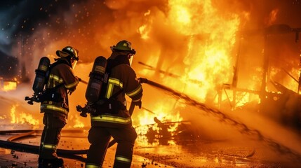 Group of firefighters battling a blazing fire