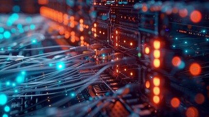 Network cables connected to ethernet ports, Fiber Optic cables connected to optic ports and UTP. High speed data transfer between equipment