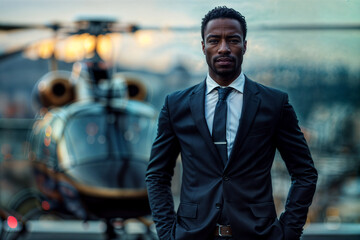 Businessman in suit standing in front of a private helicopter
