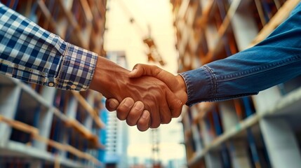 Successful deal concept. Architect or surveyor worker shaking hands with client in a construction site after confirming blueprint for renovating building