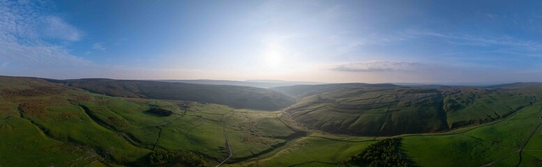Sweeping panoramic view of Cowside Beck in Arncliffe with sunrise and vast open landscapes