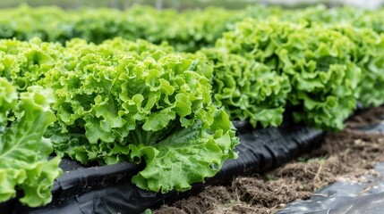 A close-up view of lettuce plants being watered by a drip irrigation system in a field