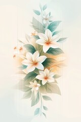 Fototapeta premium Delicate White Flowers With Elegant Green Foliage on a Light Background