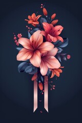 Obraz premium Pink And Orange Lily Bouquet With Elegant Ribbon Against A Dark Blue Background