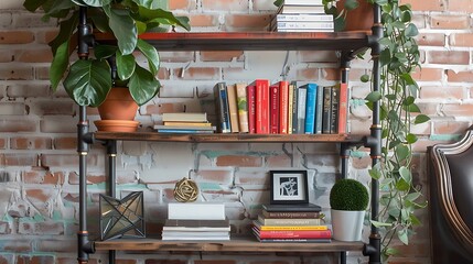industrial-inspired shelving unit made from pipes and reclaimed wood, displaying an eclectic mix of books, plants, and art objects in a trendy urban loft