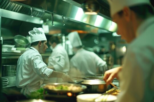 Busy chefs at work in the restaurant kitchen