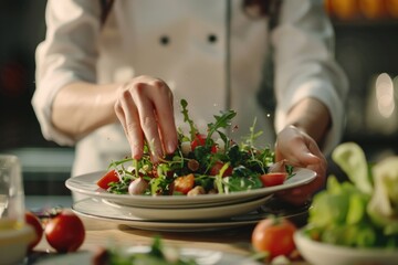 Chef finishing her plate and almost ready to serve at the table. Only hands. Finally dish dressing