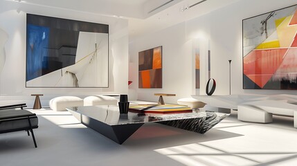 ultra-modern living room with a geometric coffee table, angular furniture, and large abstract paintings on stark white walls