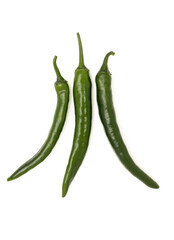 Three green hot chili peppers isolated on a white background
