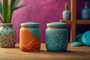 A handmade colorful ceramic jar that exudes artistry and craftsmanship. The jar is slightly rounded with a smooth, tactile surface that showcases the subtle variations in the clay