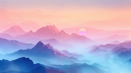 Obraz premium A colorful digital illustration of mountains with a sunset and fog.