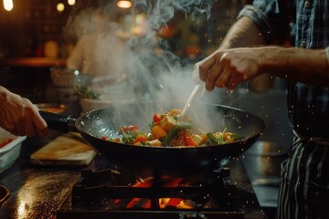 Chef is stirring vegetables in wok  vintage filter