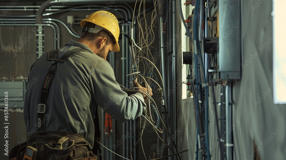 Poster an electrician wearing a yellow hard hat works on electrical wiring inside an open wall during a con