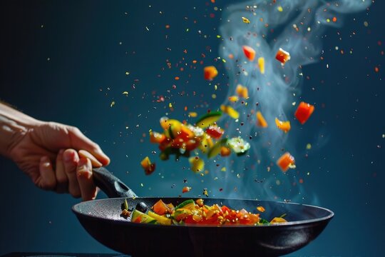 Chef tosses colorful vegetables in frying pan  frozen motion.