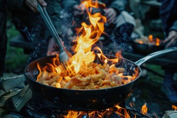 Friends flambeing food in a pan  producing a big flame
