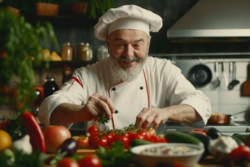 Happy smiling mature chef preparing a meal with various vegetables