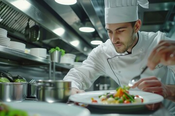 Male chef plating food in plate while working in commercial kitchen