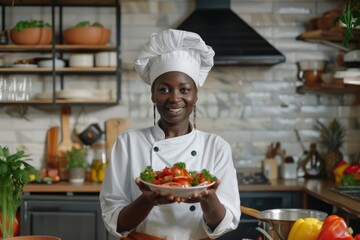 Black female chef teaches cooking in restaurant kitchen  online.