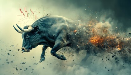 An impactful image of a charging bull with an explosive, fiery background and charts overlay representing market volatility