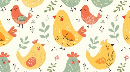 Seamless Pattern of Adorable Smiling Chickens, Geese, and Birds in Colorful Clip Art Style