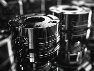 Detailed view of polished industrial metal parts, highlighting precision engineering.