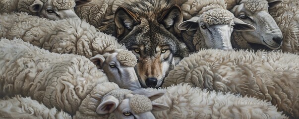 A wolf hidden among a group of sheep, blending in, symbolic concept