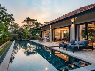 Luxurious bungalow with a private pool, outdoor lounge area, and elegant landscaping, providing a serene and opulent living experience 