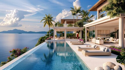 Fototapeta premium Luxurious villa with a sprawling infinity pool overlooking the ocean, surrounded by lush tropical gardens and elegant outdoor seating areas 