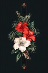Obraz premium Elegant Red And White Hibiscus Flowers With Green Palm Leaves And A Gold Frame On A Black Background