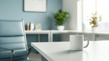 Medical office desk with blank space and coffee mug