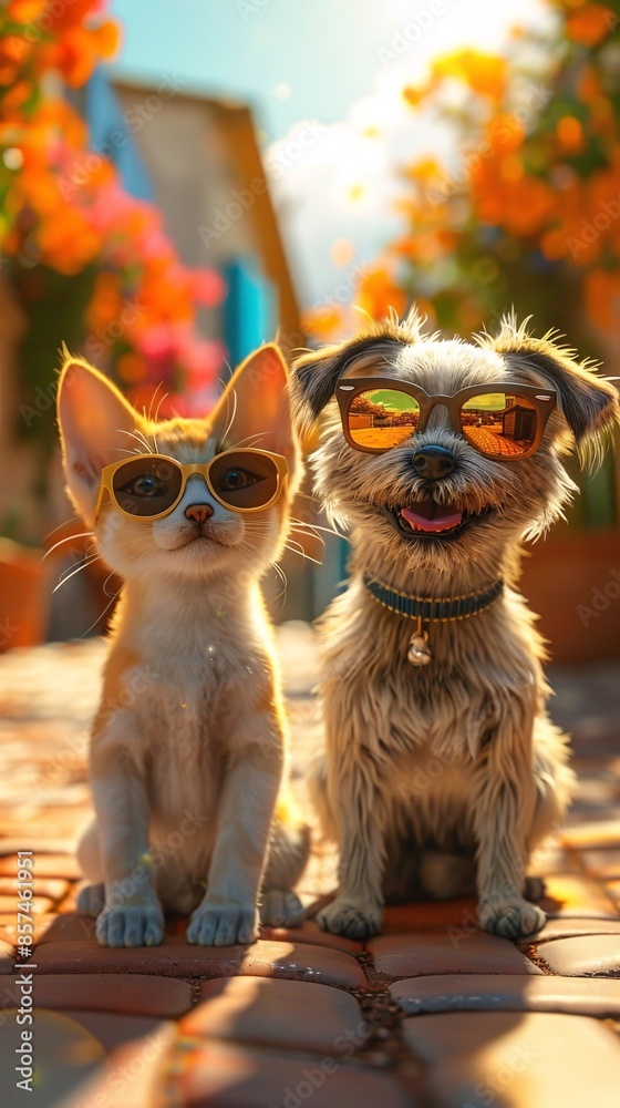 Wall mural portrait of cat and dog with sunglasses.