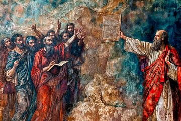 Naklejka premium Picture of Moses keeping the covenant before the people on Mount Sinai, religion