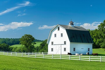 Traditional white barn with a classic gambrel roof, surrounded by lush green pastures and grazing livestock under a bright blue sky 