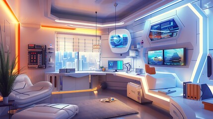 futuristic home office with high-tech equipment, a smart desk, and ergonomic furniture designed to boost productivity and comfort