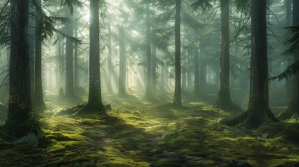 Obraz premium Sunlight pierces through the dense, misty forest, illuminating the moss-covered ground.