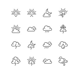 Set of weather related icons, wind, blizzard, sun, rain and linear variety vectors.
