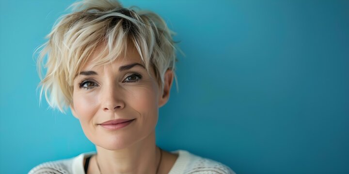 Middleaged woman with pixie haircut against blue background with copy space. Concept Portrait Photography, Middle-Aged Woman, Pixie Haircut, Blue Background, Copy Space