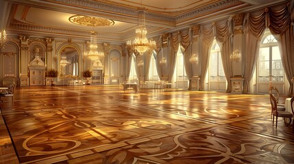 grand ballroom in a private residence with opulent decor, an intricate parquet floor, and dramatic chandeliers, ideal for hosting formal events and parties