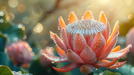 Fototapeta premium Close Up of a Pink Etlingera Flower with Dew Drops