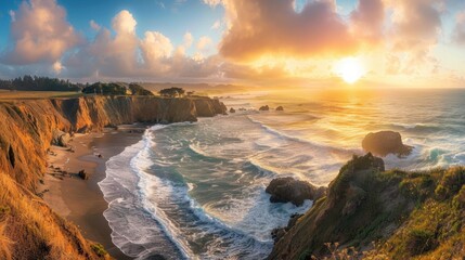Fototapeta premium A breathtaking panorama of a sunset over a rocky coastline, showcasing a dramatic sky and waves crashing against the shore.