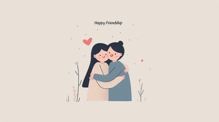Illustration of two friends hugging with a heart symbol and 'Happy Friendship' text, expressing love and affection in a simple, cute design.