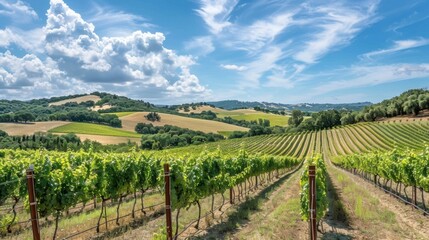 Fototapeta premium A vast vineyard stretches across a rolling landscape under a blue sky with fluffy white clouds.