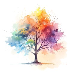 Watercolor Painting of a Mystical Old Tree with Vibrant Rainbow-Colored Leaves

