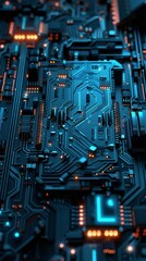 Fototapeta premium Close-up of electronic circuit board with blue and orange lights, technology and innovation concept