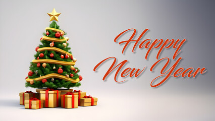 Naklejka premium Beautiful New Year card, tree decorated with red and golden balls, yellow star, red ribbon bows, lots of gift boxes and Happy New Year sign. 
