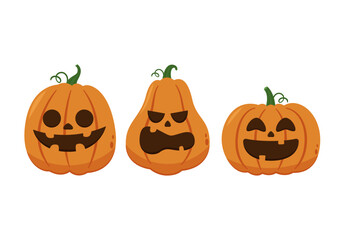 Pumpkin head set. Cute and scary Halloween pumpkin monster set. Holidays cartoon character in flat style collection.